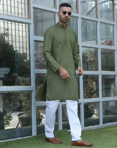 Cotton Blend Woven Self Desing Olive Green Kurta And Pyjamas